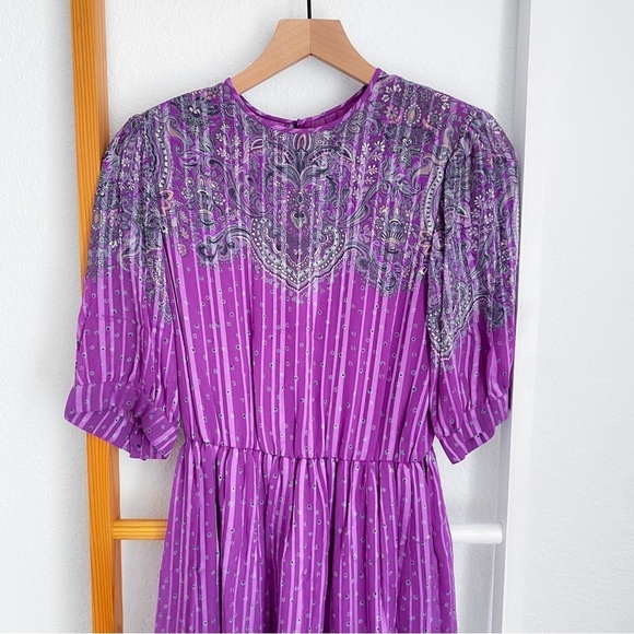 Vintage Hanae Mori New York VTG Chiffon Paisley Stripe Dress Purple - Picture 3 of 16